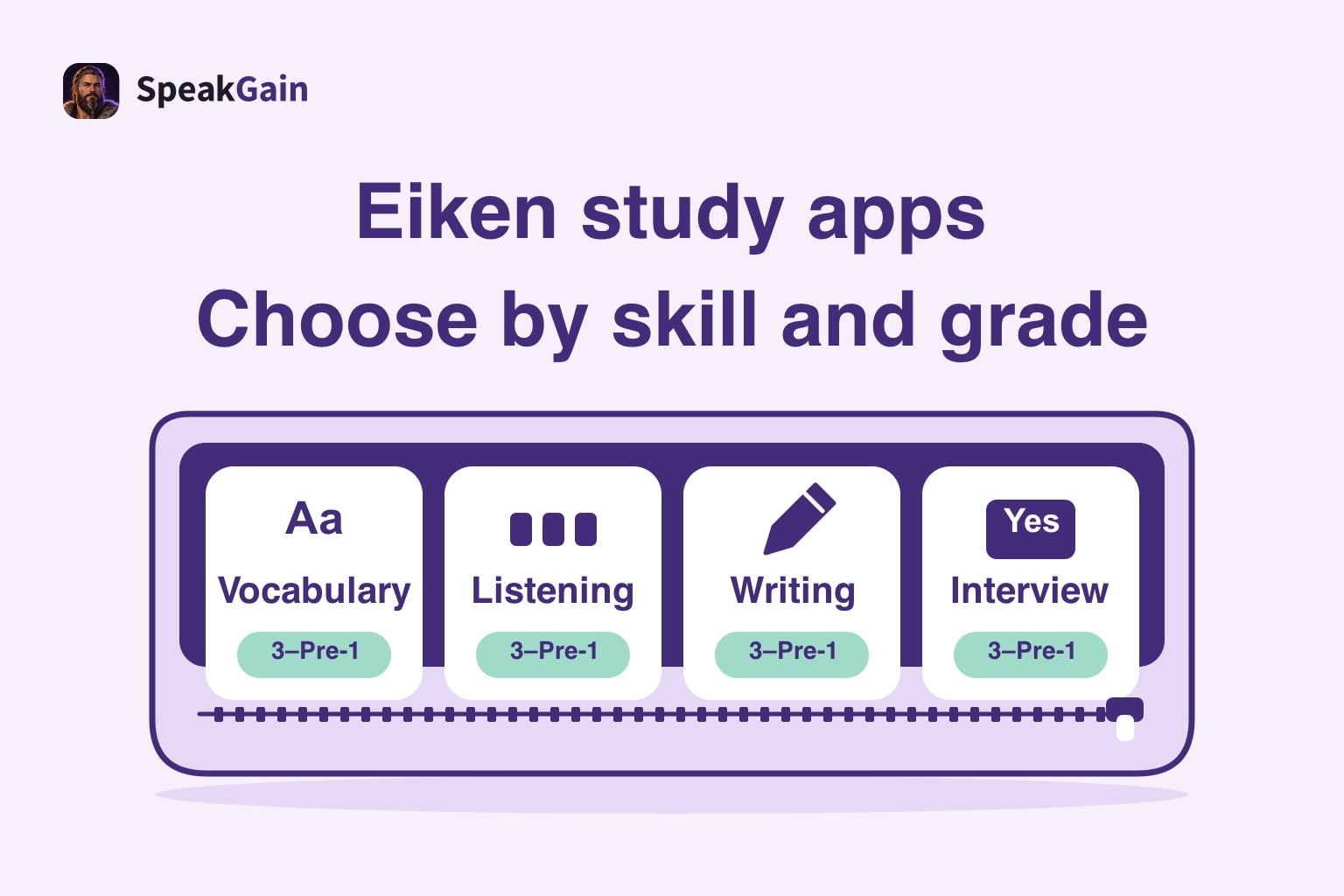 Four vocabulary, listening, writing and interview cards in a zipper case for choosing Eiken apps