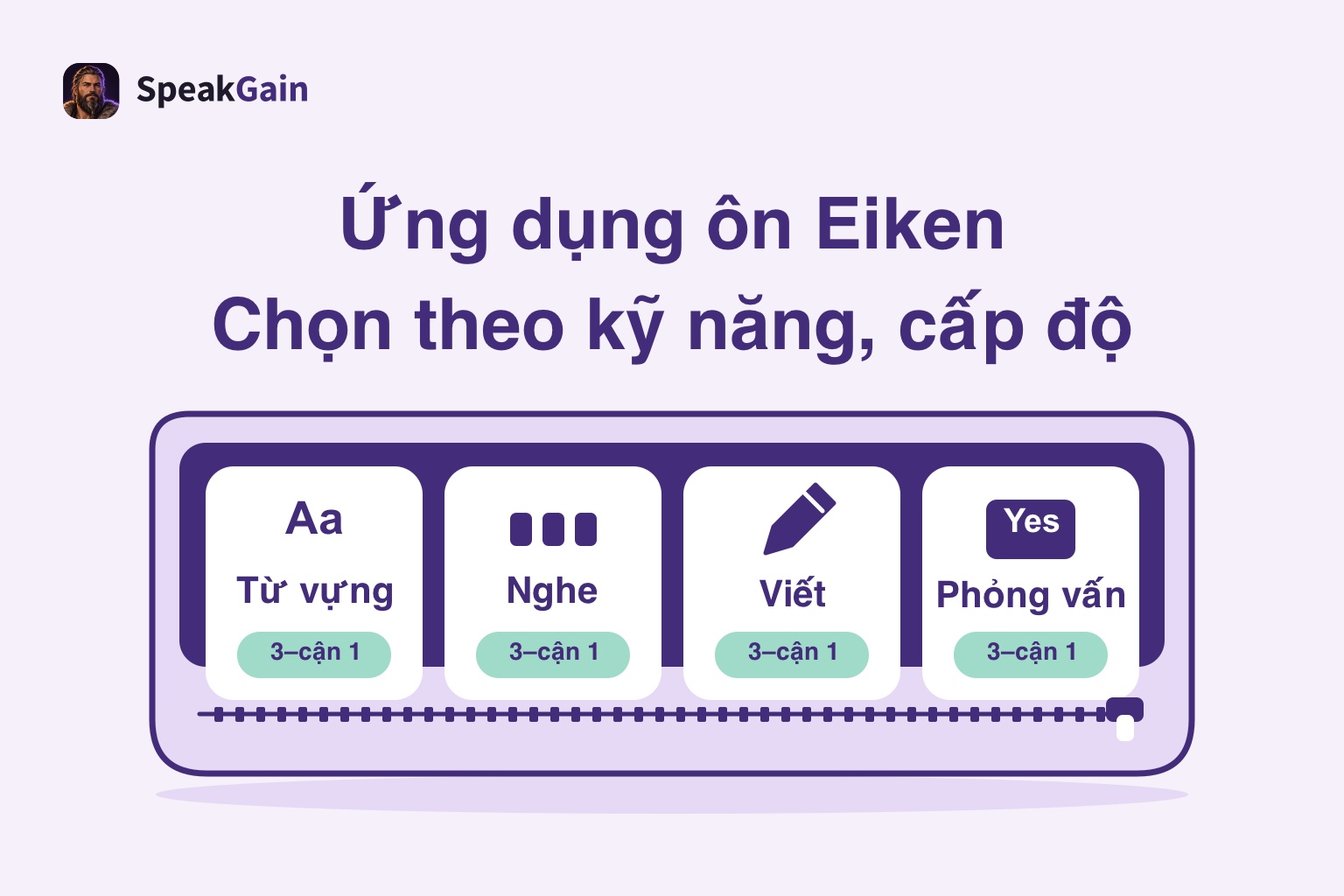 Bốn thẻ từ vựng, nghe, viết và phỏng vấn xếp trong túi khóa kéo để chọn ứng dụng Eiken