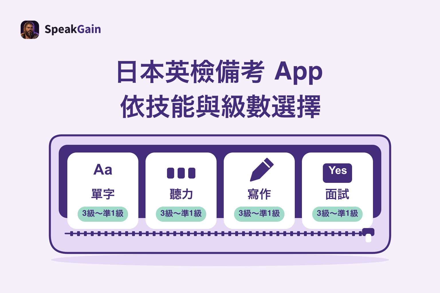 拉鍊收納袋內依序排列單字、聽力、寫作、面試四張卡片的日本英檢 App 選擇圖