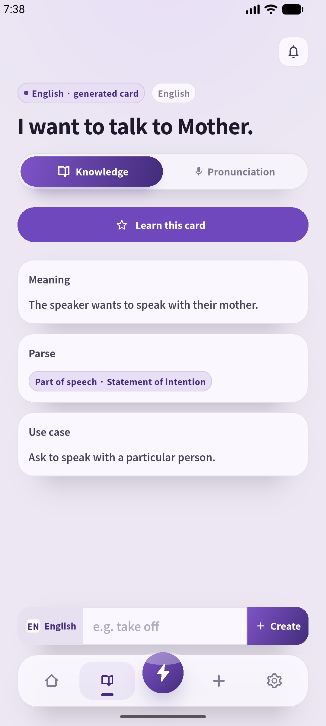 SpeakGain in English: the book sentence and an explanation prepared for this practice example.