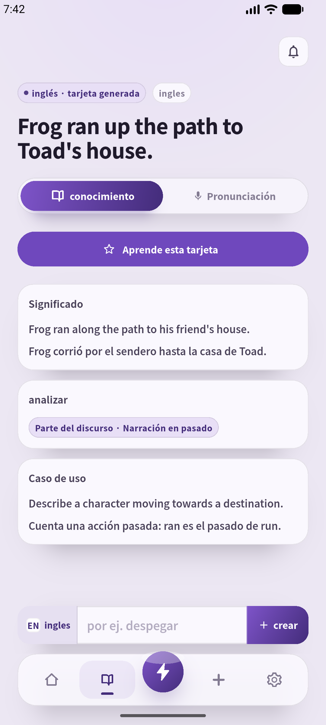 Pantalla real de SpeakGain en español, con la frase y una explicación preparada para el ejercicio.