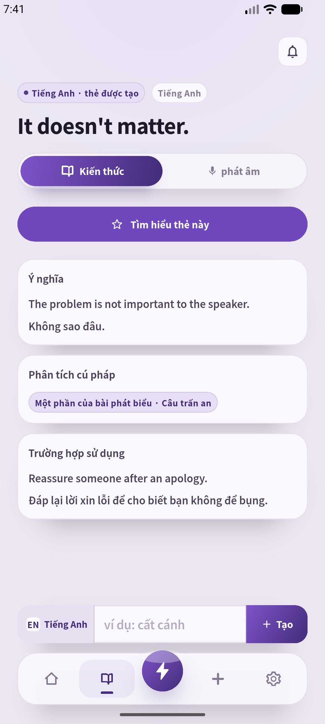 Màn hình SpeakGain tiếng Việt thật, với câu trong sách và giải thích do biên tập viên chuẩn bị.