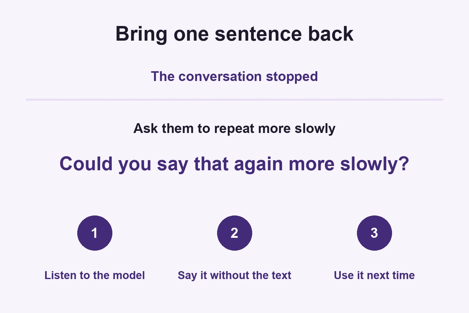 Bring back one needed sentence, listen, say it without the text, and try it in the next conversation.