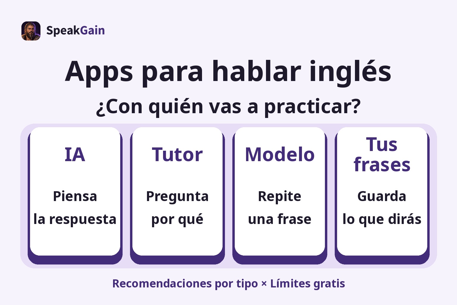 Cuatro prácticas: responder a una IA, preguntar al tutor, repetir un modelo y guardar tus frases.