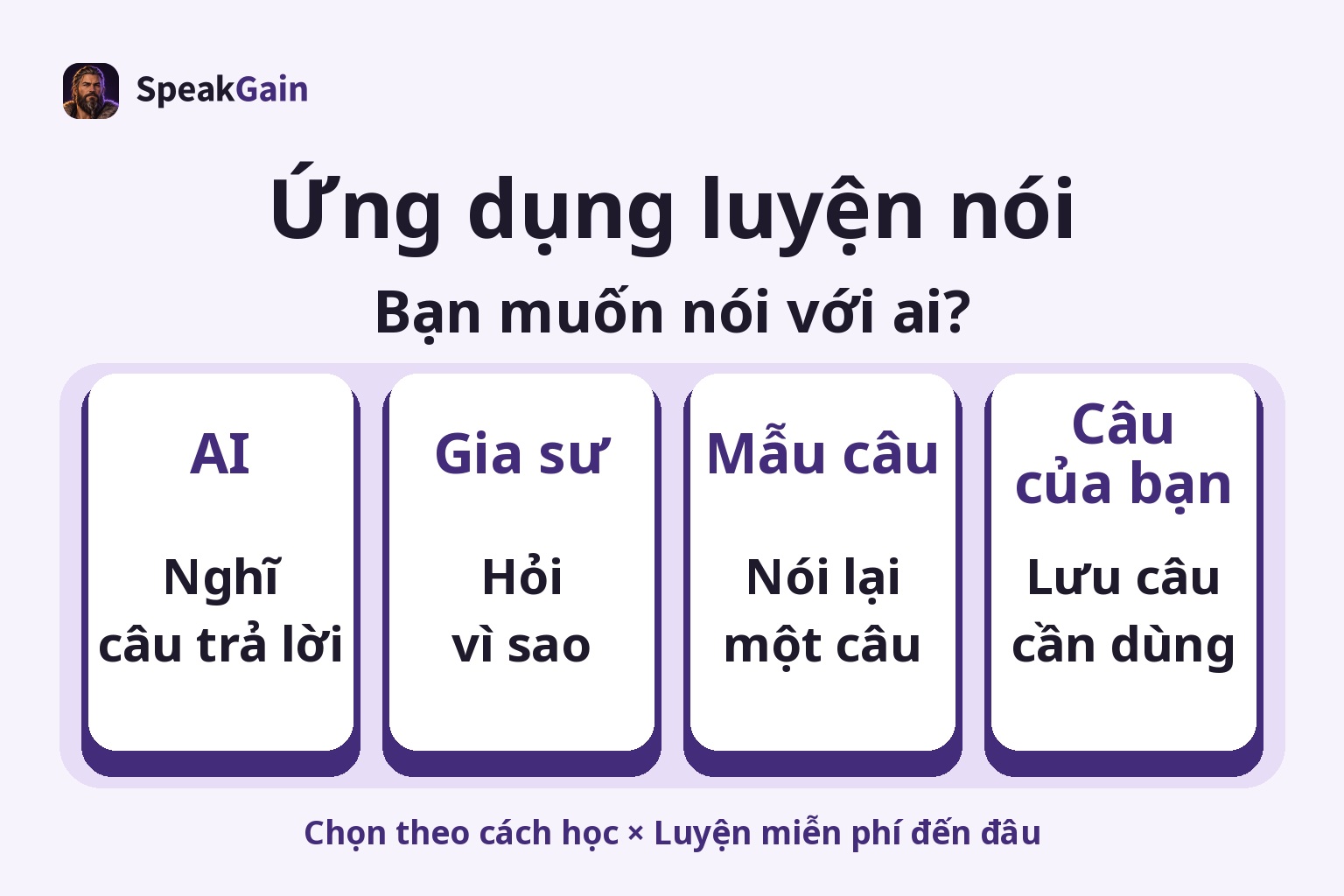 Bốn cách luyện: trả lời AI, hỏi gia sư, lặp câu mẫu và lưu câu của bạn.