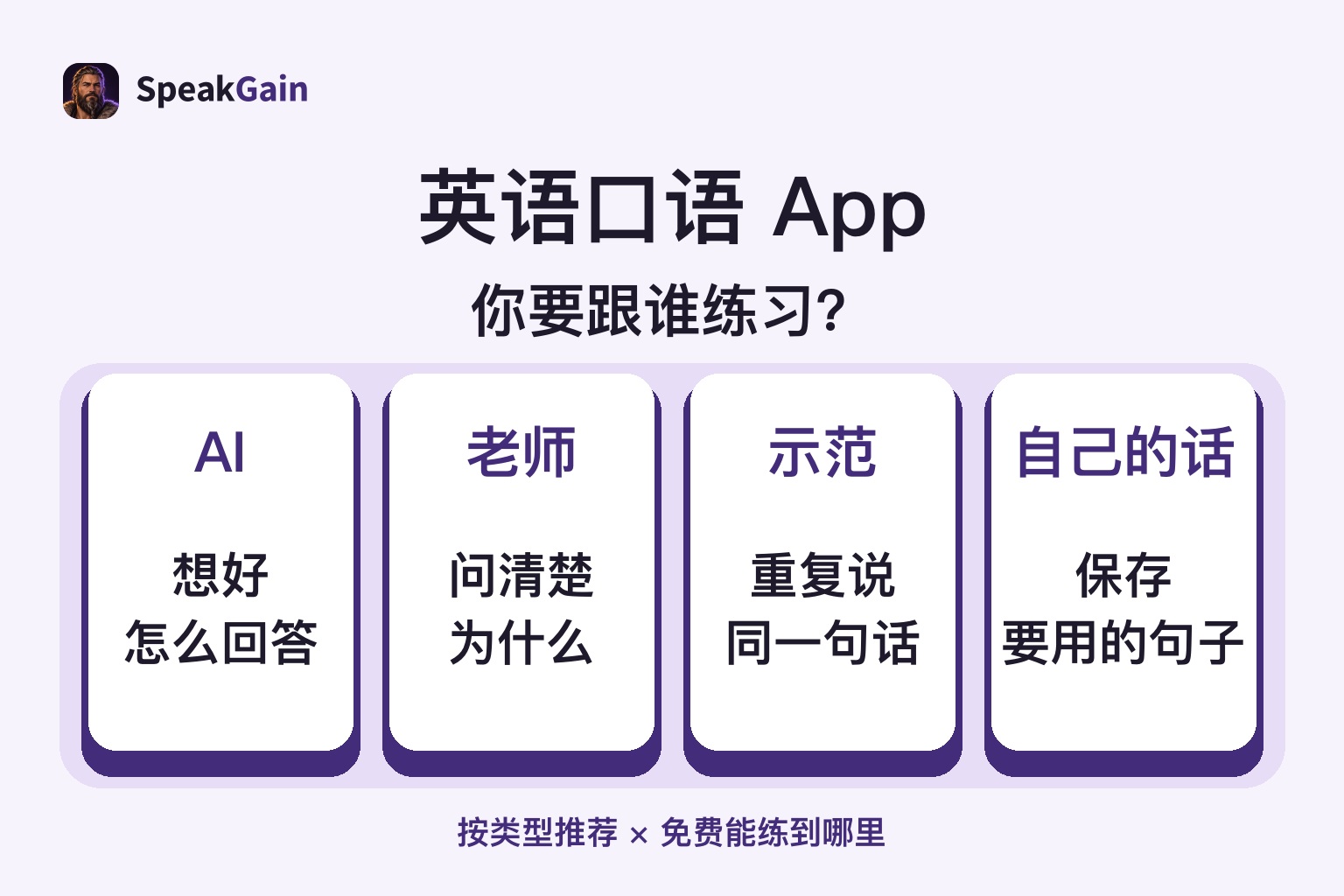 四种口语练习:回答AI、问老师、重复示范、保存自己的句子。