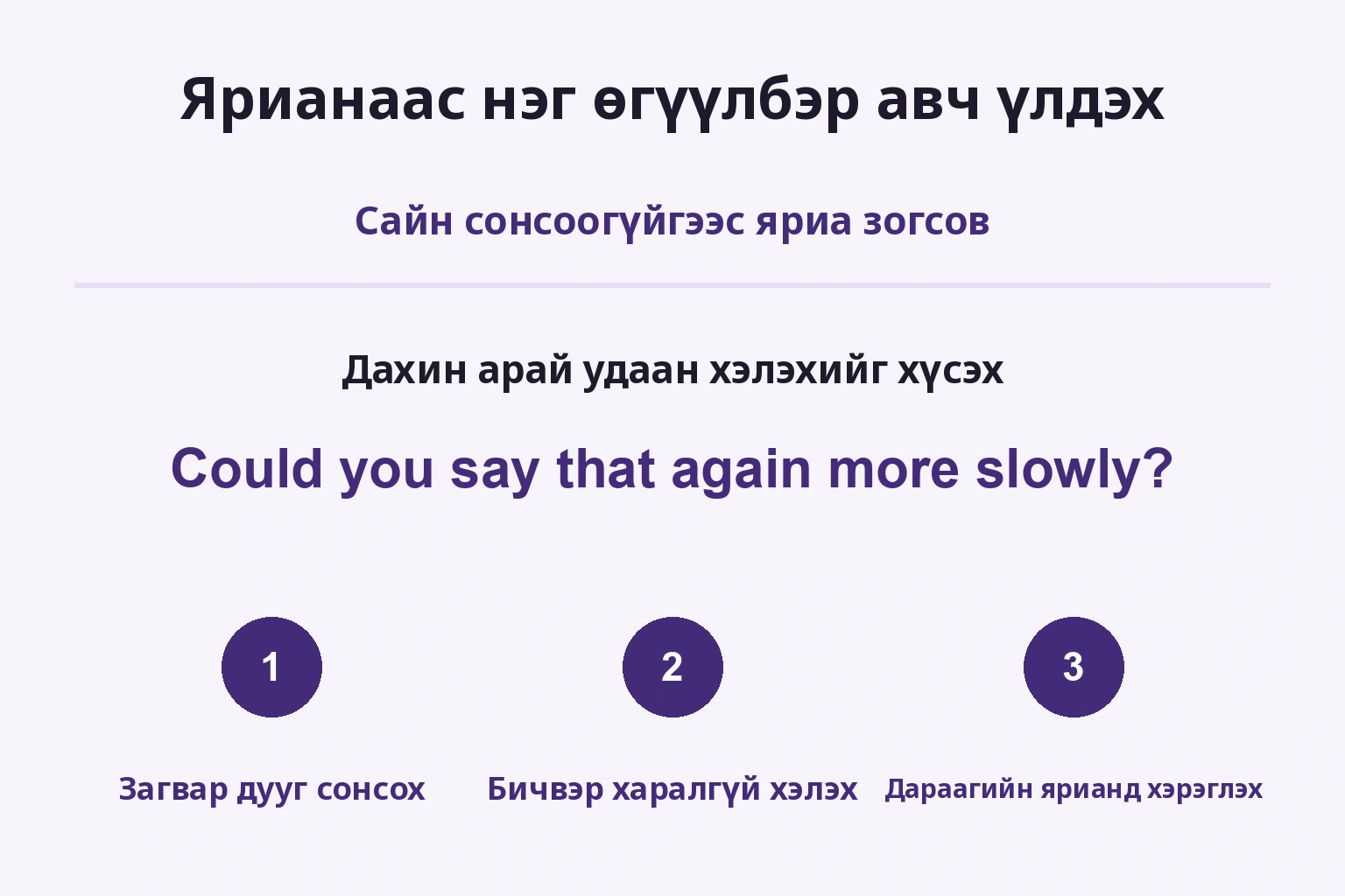 Хэрэгтэй өгүүлбэрээ сонсож, текстгүй хэлээд дараагийн ярианд хэрэглэ.