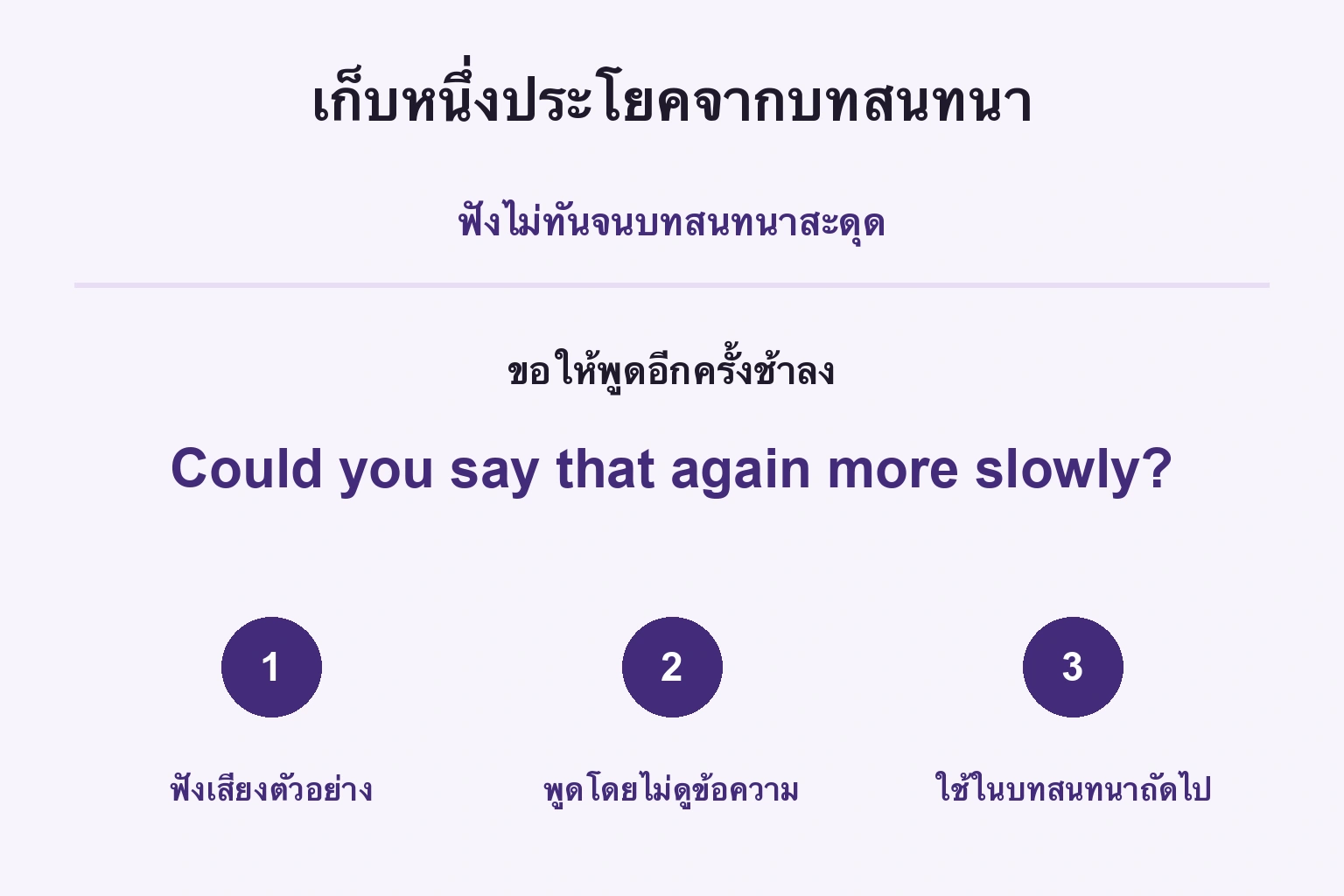 ฟังประโยคที่ต้องใช้ พูดโดยไม่ดู แล้วใช้ในบทสนทนาถัดไป
