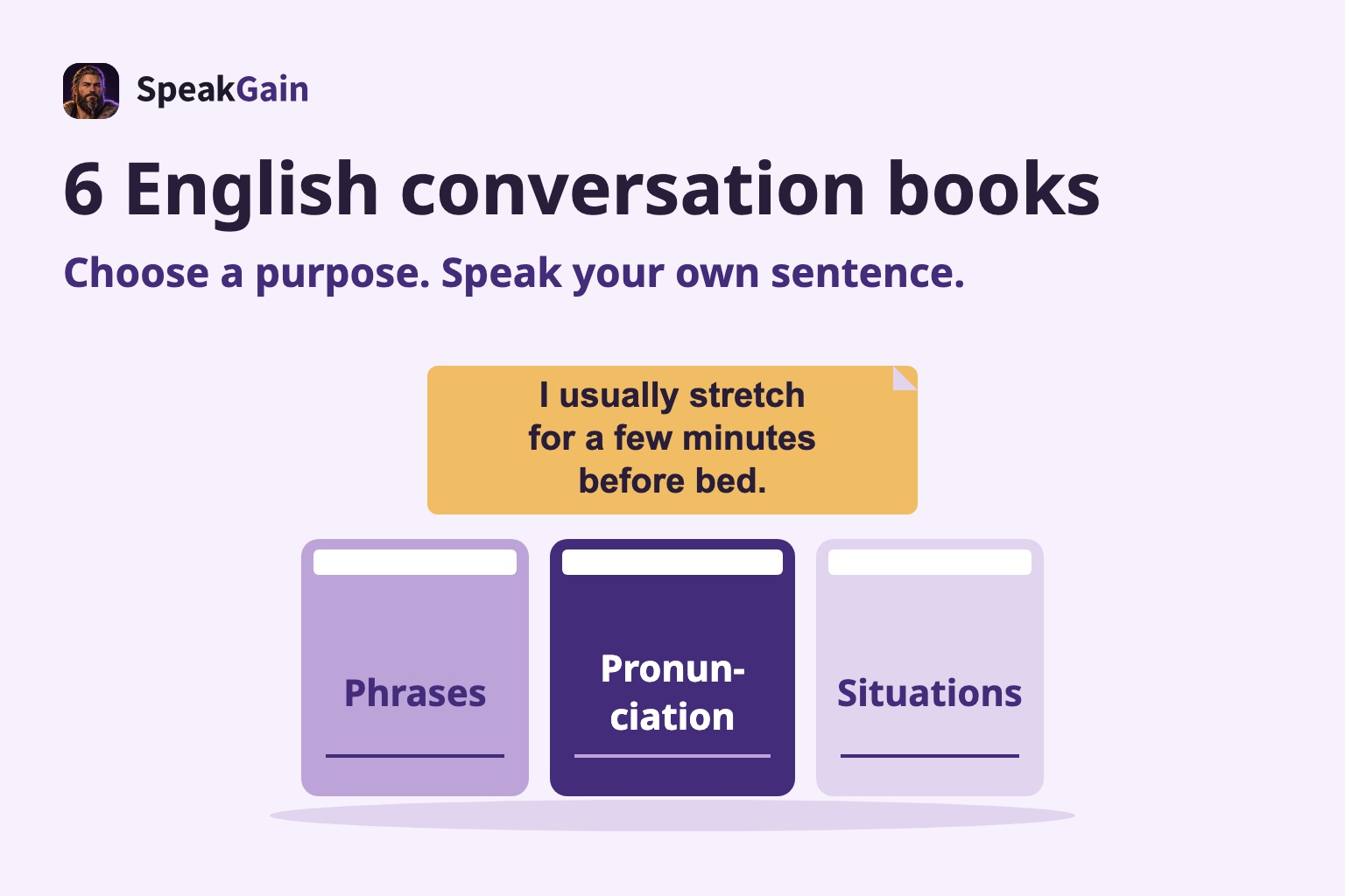 Three generic book spines for phrases, pronunciation and situations, with an original routine sentence on a note above them