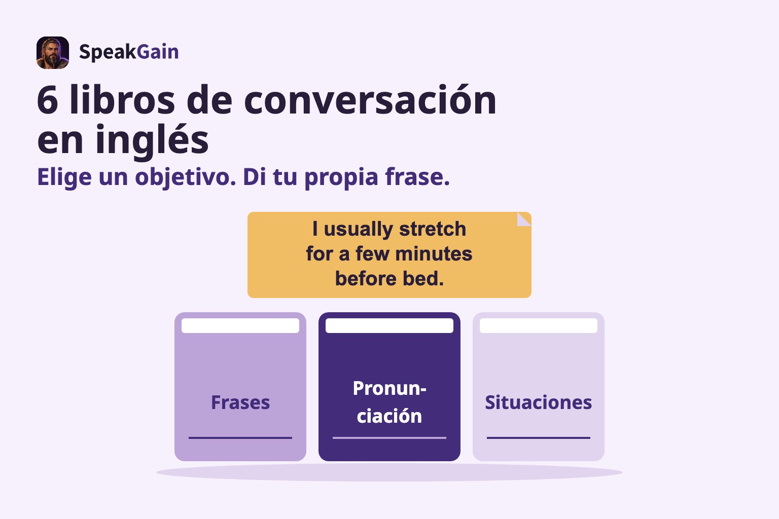 Tres lomos de libros para frases, pronunciación y situaciones con una nota de una frase original encima