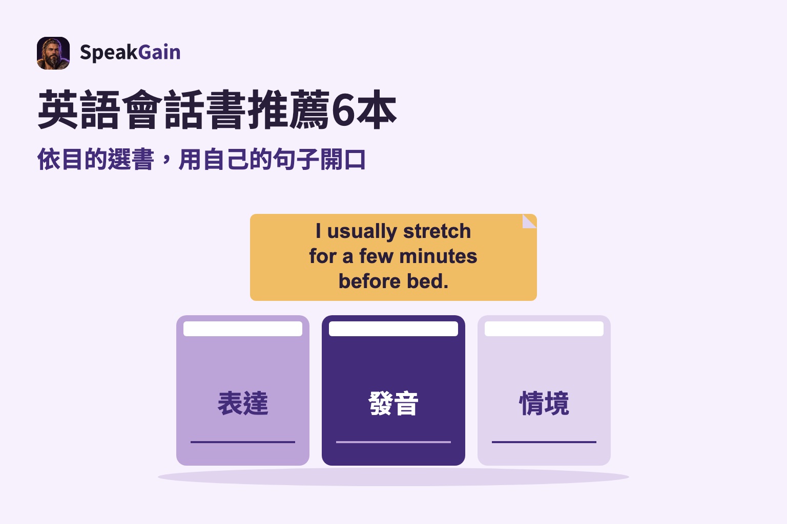 表達、發音、情境三本書的書脊,上方便條寫著自創的日常英文句子