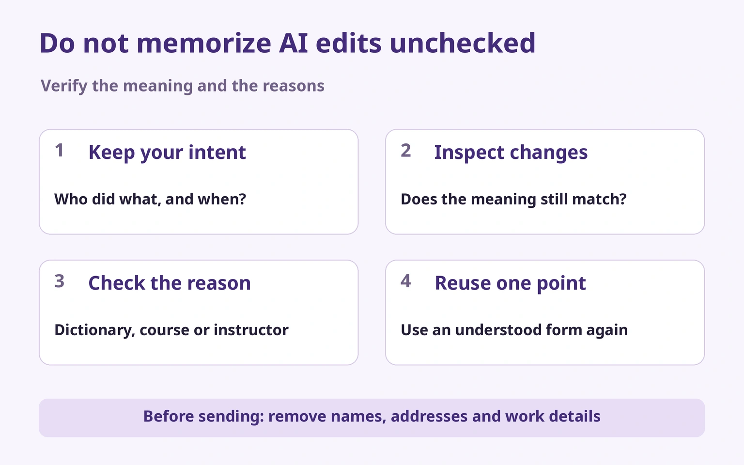 Keep your meaning, inspect edits, verify reasons and reuse one change