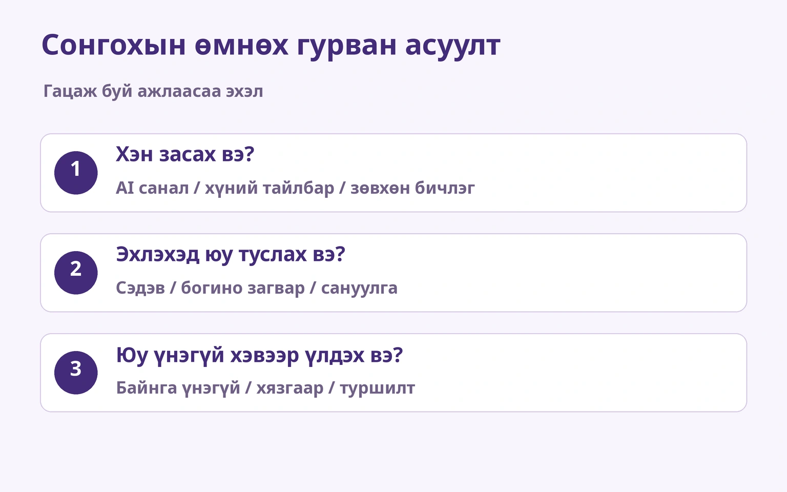 Хэн засах, эхлэхэд юу туслах, юу үнэгүй үлдэхийг сонгох