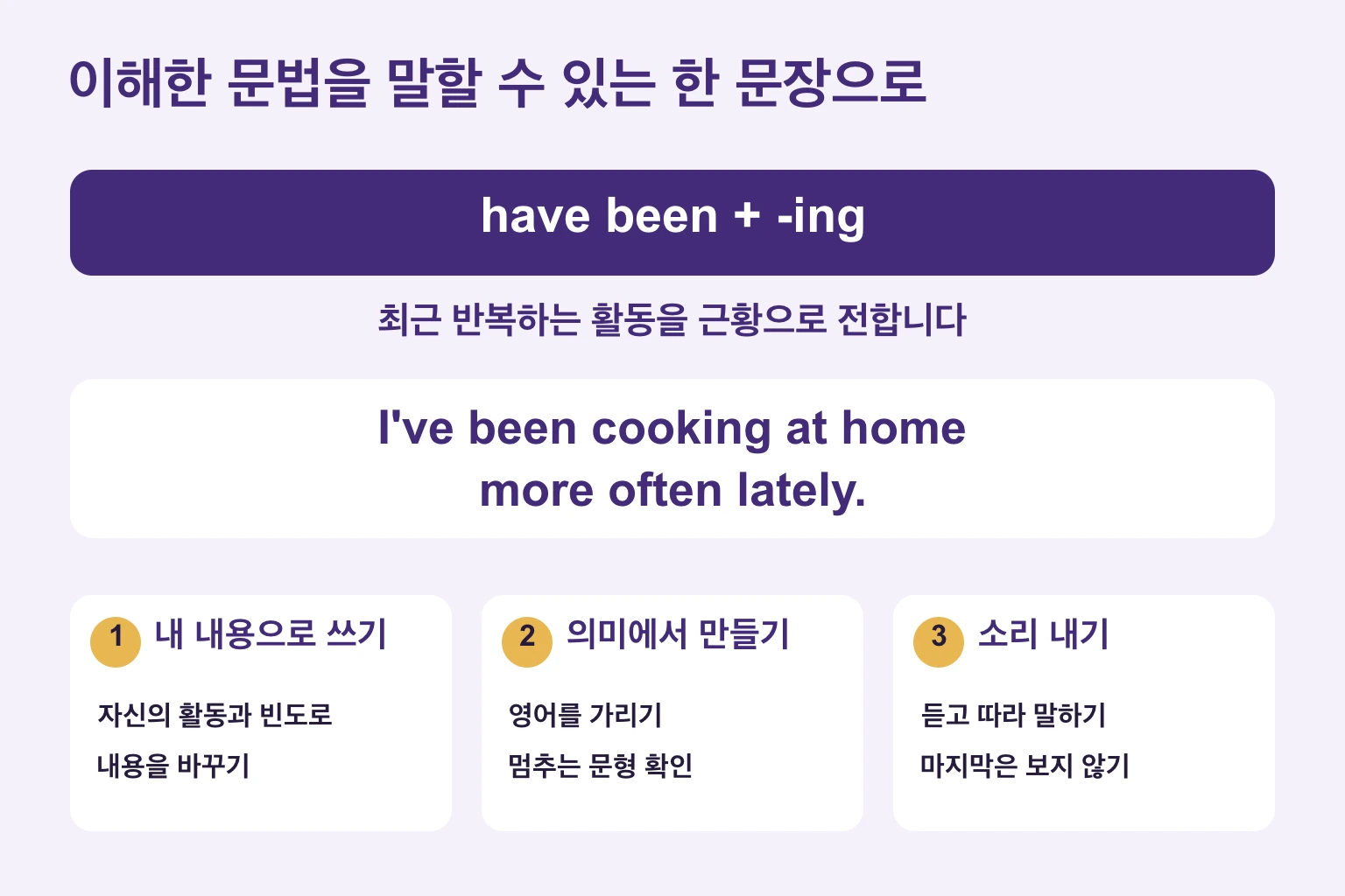 have been과 ing형의 의미를 이해하고 자기 문장을 쓴 뒤 의미에서 떠올려 소리 내는 과정