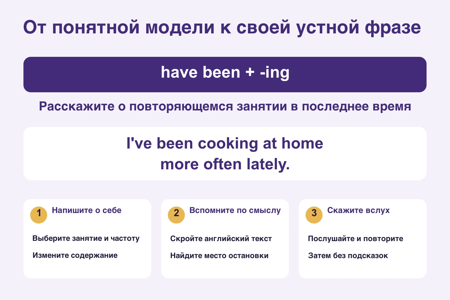 Понять have been плюс ing, написать личную фразу, вспомнить её по смыслу и сказать без текста