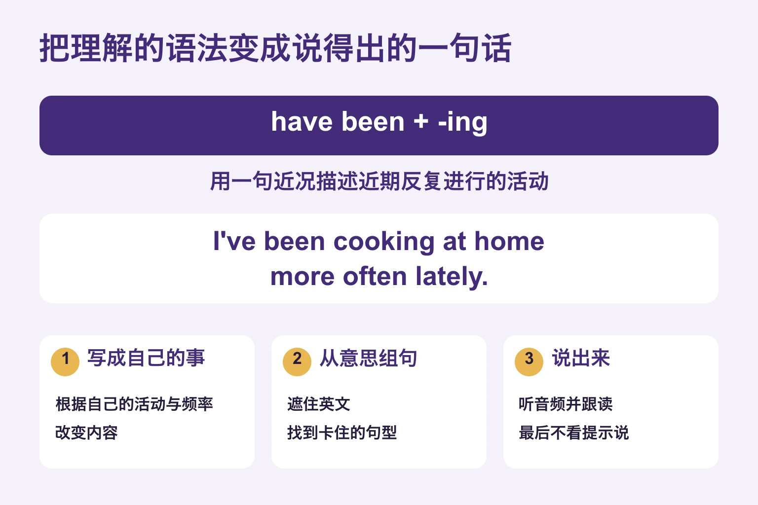 理解 have been 加 ing 的意思，写自己的句子，从含义回想并不看文字说出
