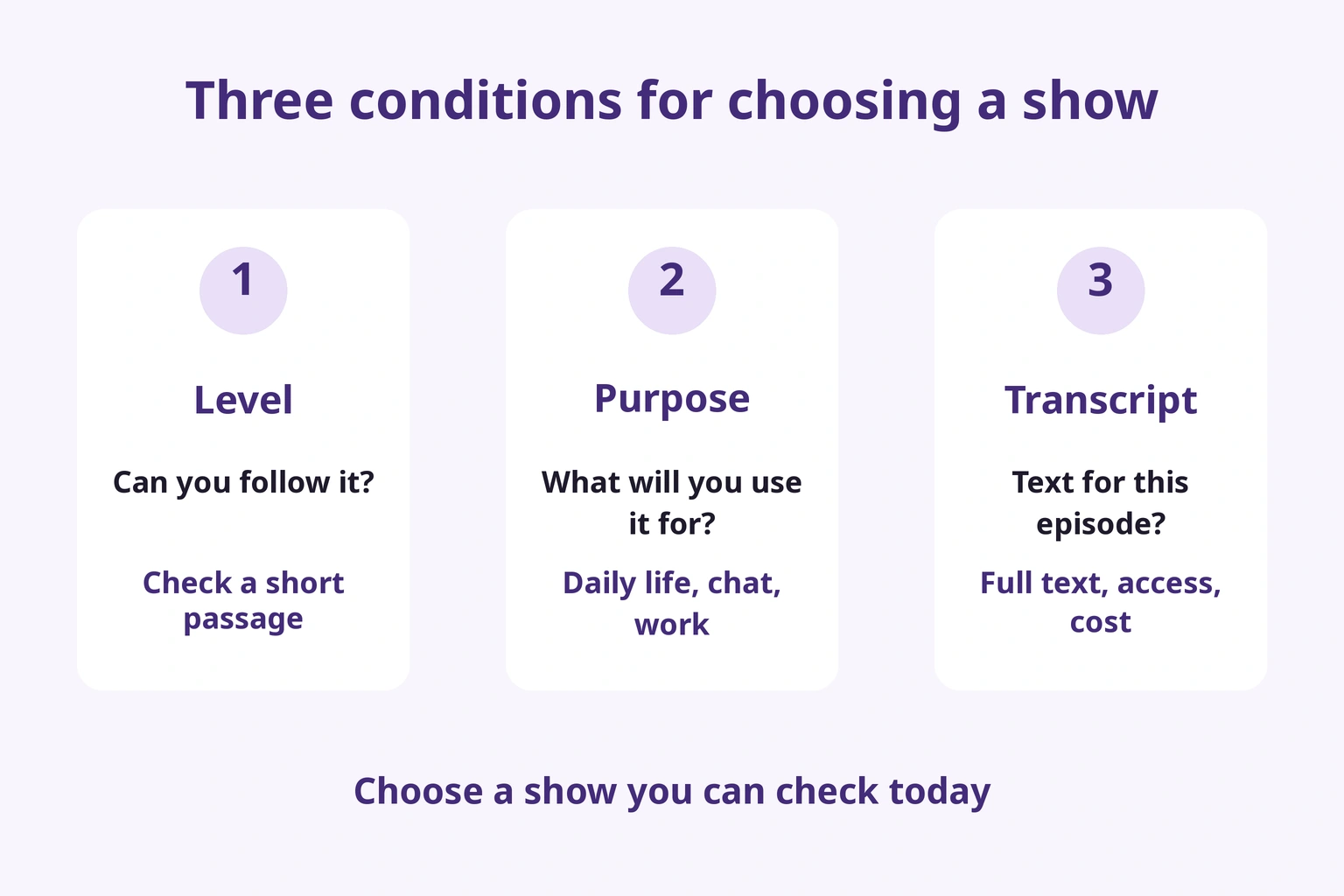 Choose by level, purpose and access to the same episode's text