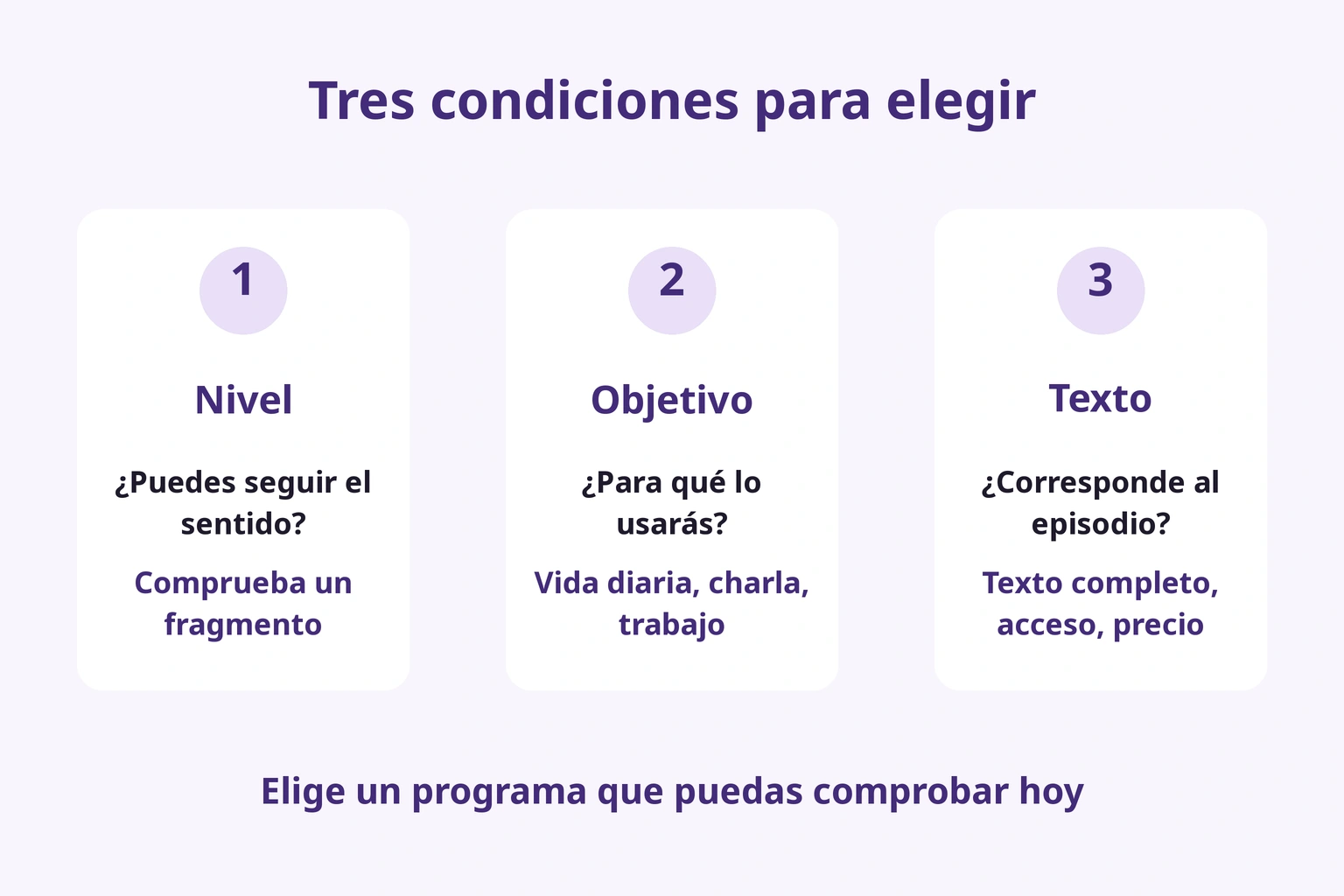 Elegir por nivel, objetivo y acceso al texto del mismo episodio