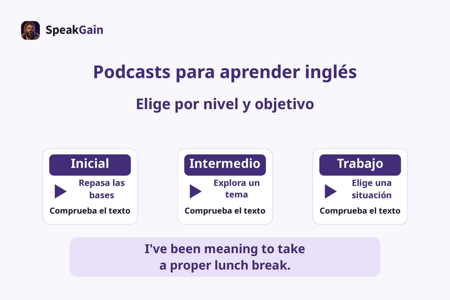 Tres tarjetas genéricas para nivel inicial, intermedio y trabajo, con una frase original sobre la pausa para comer