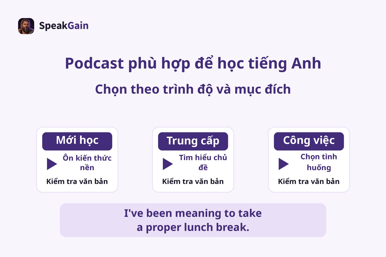 Ba thẻ tập minh họa cho người mới học, trung cấp và công việc, cùng câu tiếng Anh tự viết về giờ nghỉ trưa