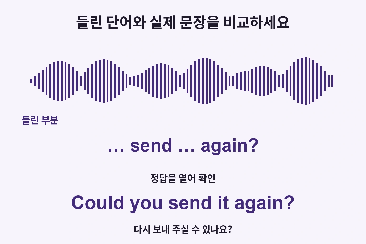 들린 단어와 실제 문장을 비교하세요
