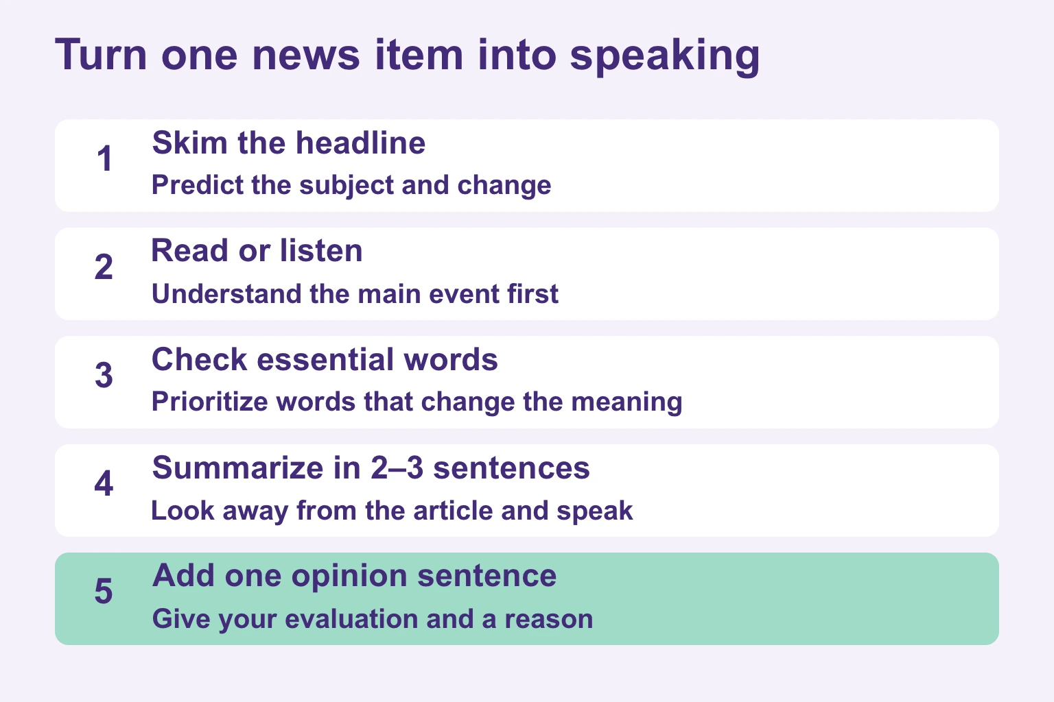 Five steps from a headline to a spoken summary and one opinion