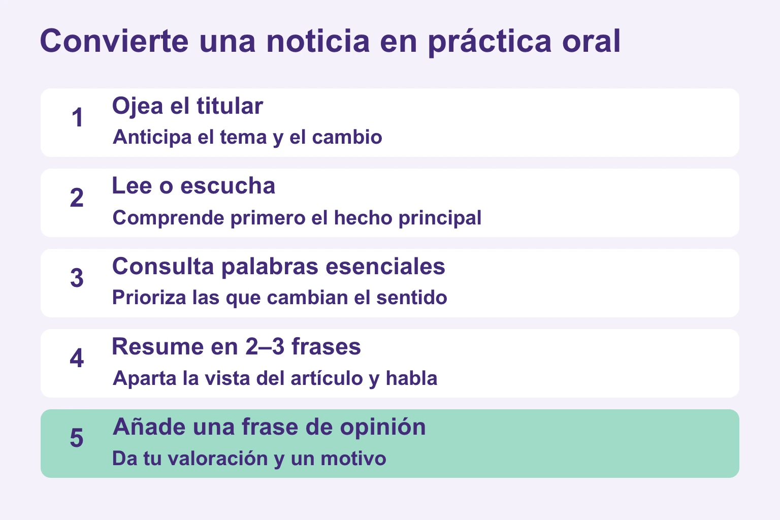 Cinco pasos del titular al resumen oral y una opinión
