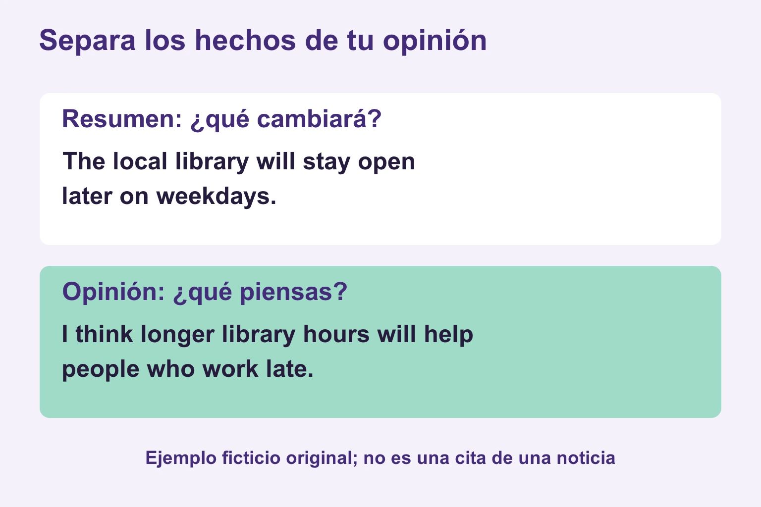 Ejemplo ficticio de biblioteca que separa hechos y opinión