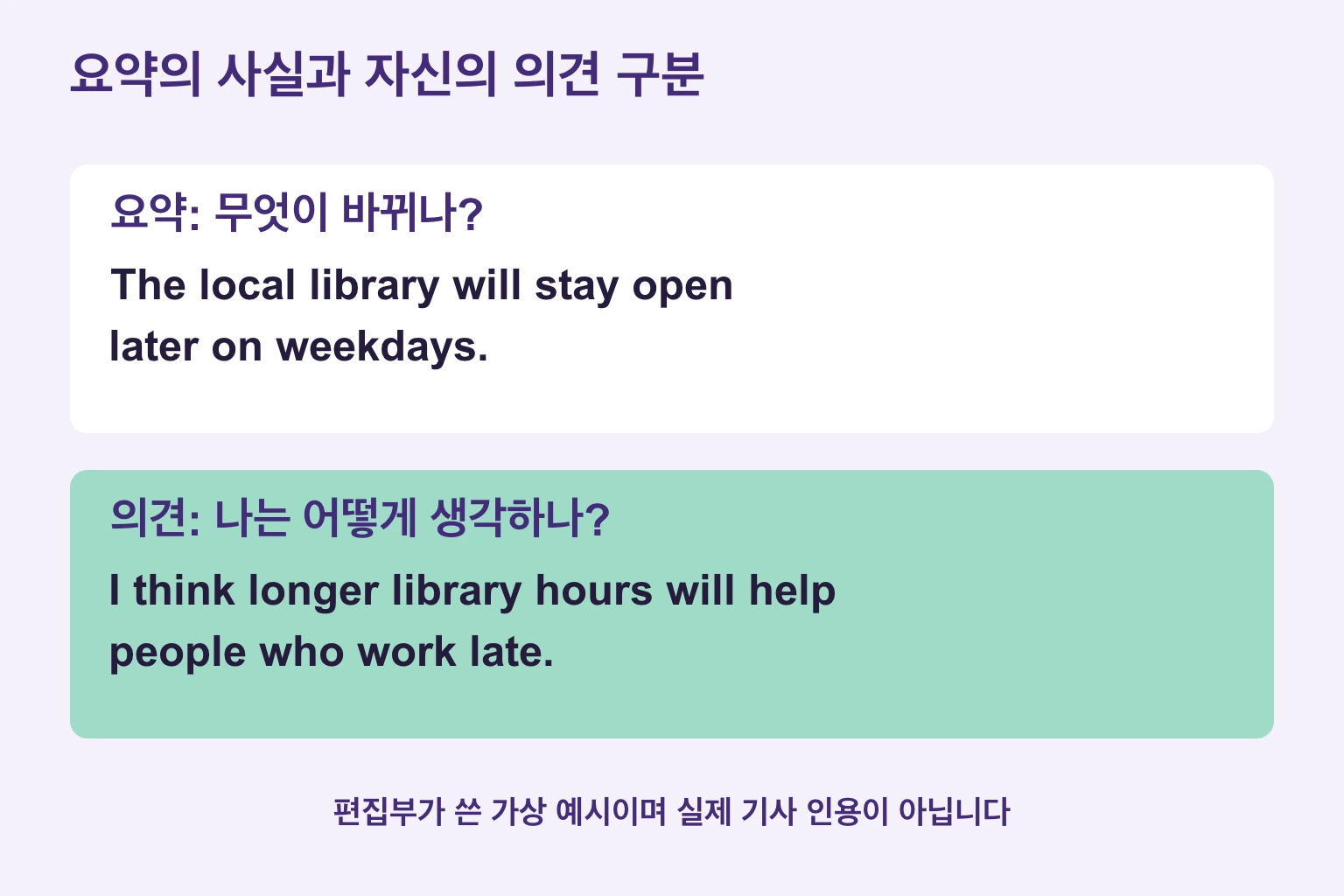 가상의 도서관 소식 요약과 개인 의견을 구분한 예시