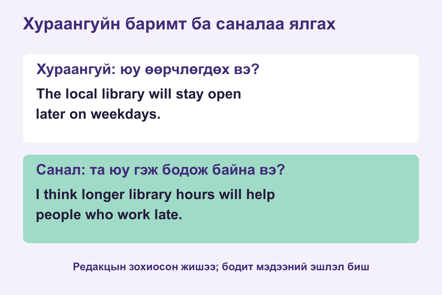 Номын сангийн зохиомол жишээнд баримт ба санал ялгасан нь
