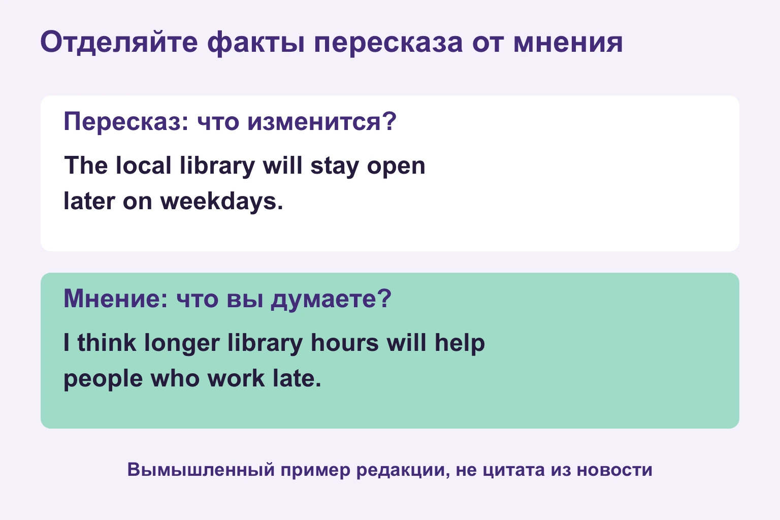 Вымышленный пример о библиотеке с разделением фактов и мнения
