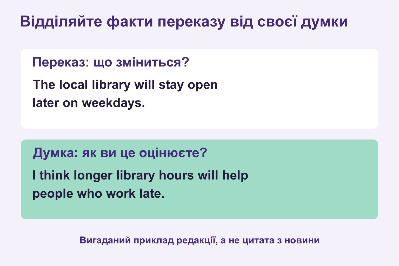Вигаданий приклад про бібліотеку з поділом фактів і думки
