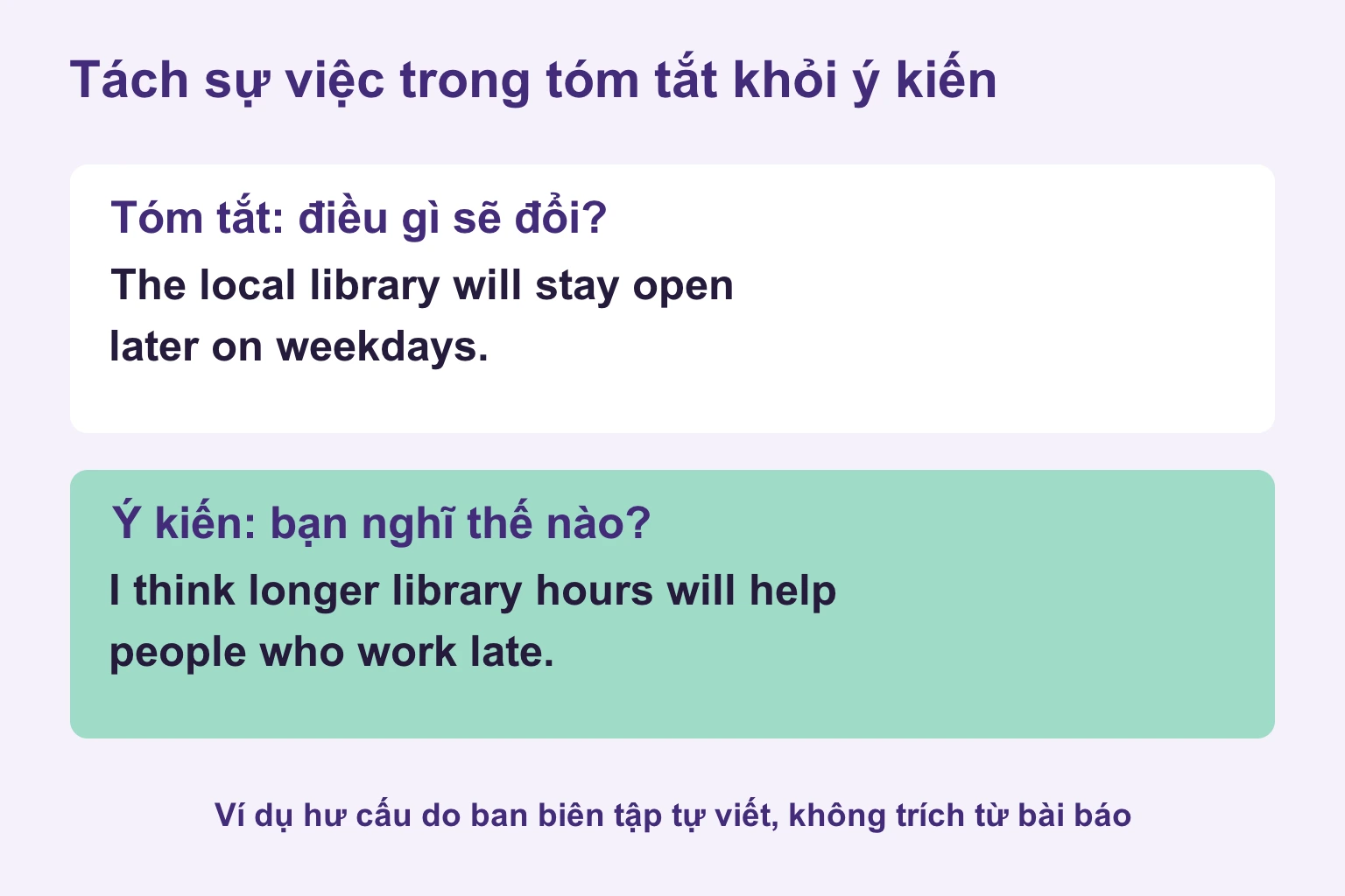 Ví dụ thư viện hư cấu tách sự việc với ý kiến cá nhân