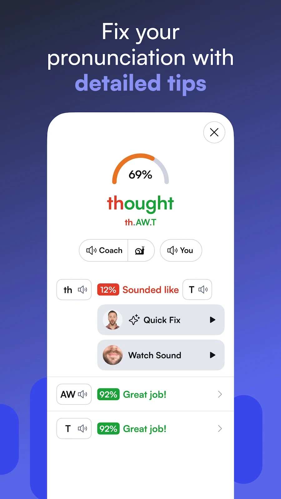 BoldVoice показує зауваження до окремих звуків і підказки для слова thought