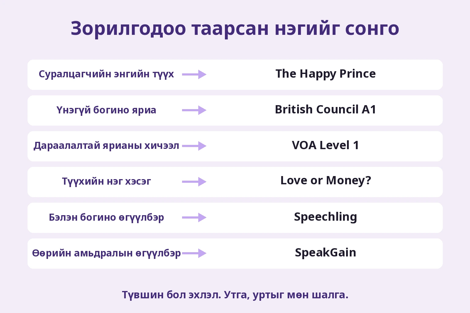 Зорилгодоо таарсан нэгийг сонго