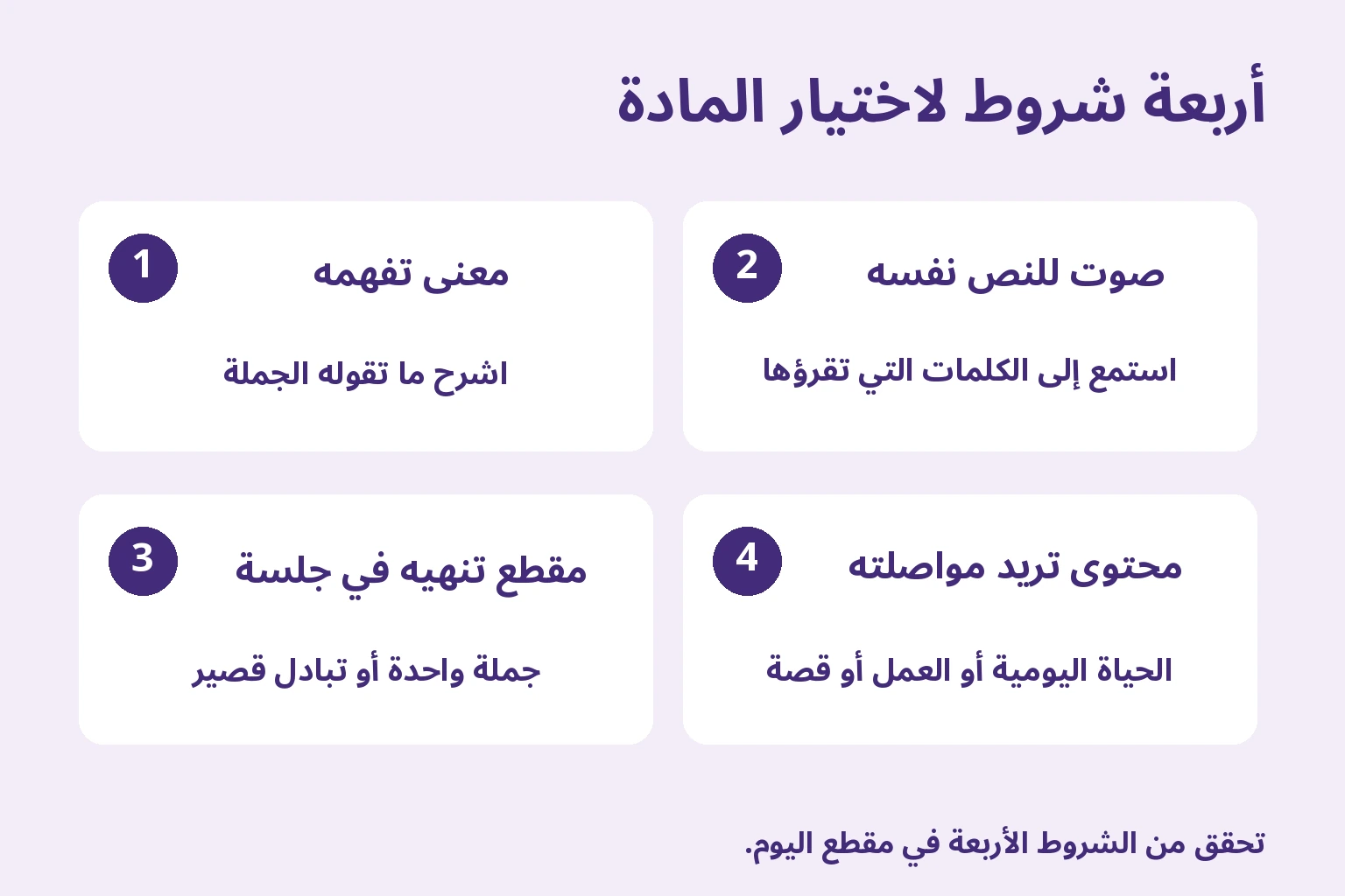معنى تفهمه؛ صوت للنص نفسه؛ مقطع تنهيه في جلسة؛ محتوى تريد مواصلته