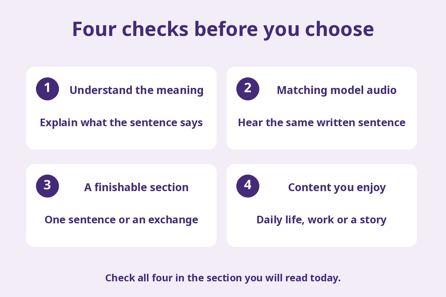 Understand the meaning; Matching model audio; A finishable section; Content you enjoy