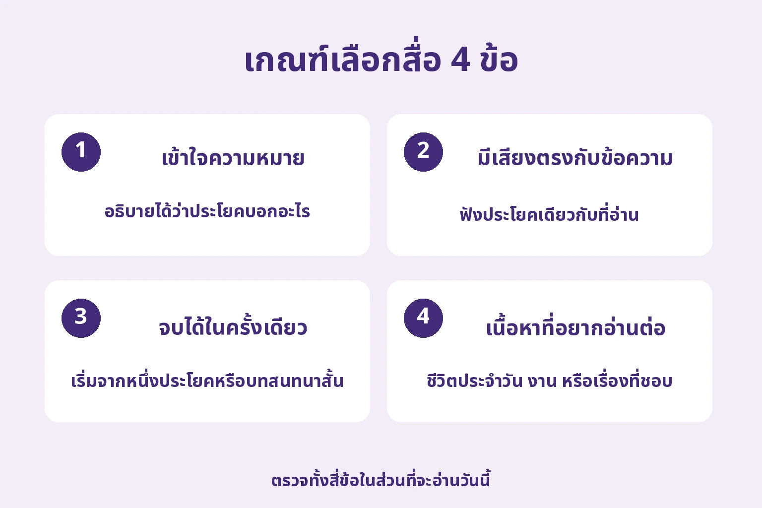 เข้าใจความหมาย; มีเสียงตรงกับข้อความ; จบได้ในครั้งเดียว; เนื้อหาที่อยากอ่านต่อ