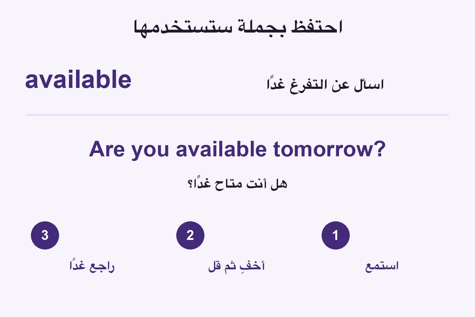 ضع available في سؤال، استمع، أخفِ وقل، ثم راجع غدًا