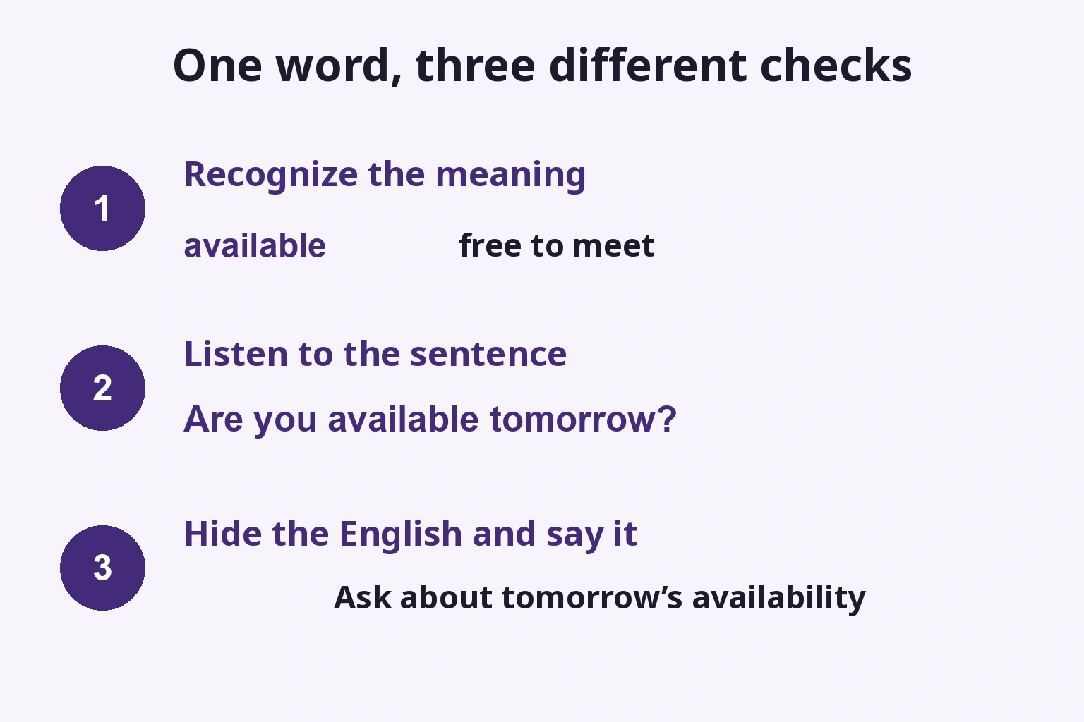 Three checks: recognize available, listen to the question, then ask it without reading