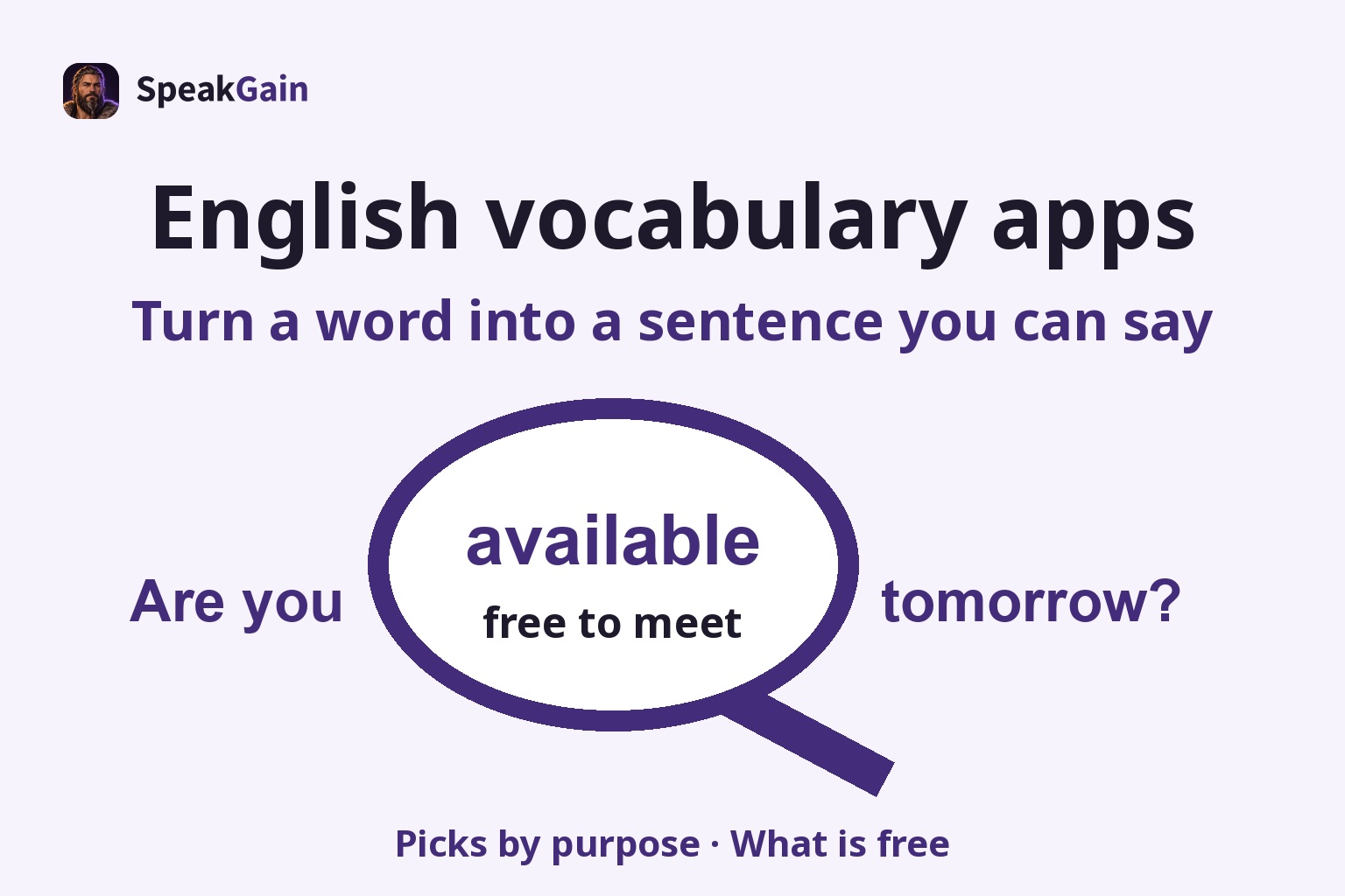 A magnifier shows available and its meaning inside the question Are you available tomorrow?