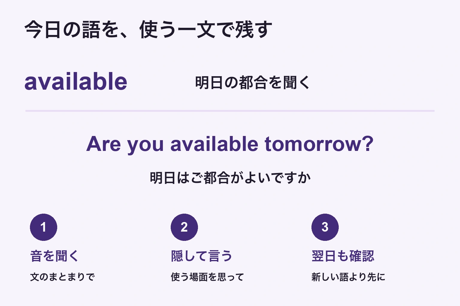 availableを明日の予定を聞く文にし、音声を聞き、英文を隠して言い、翌日また確認する練習