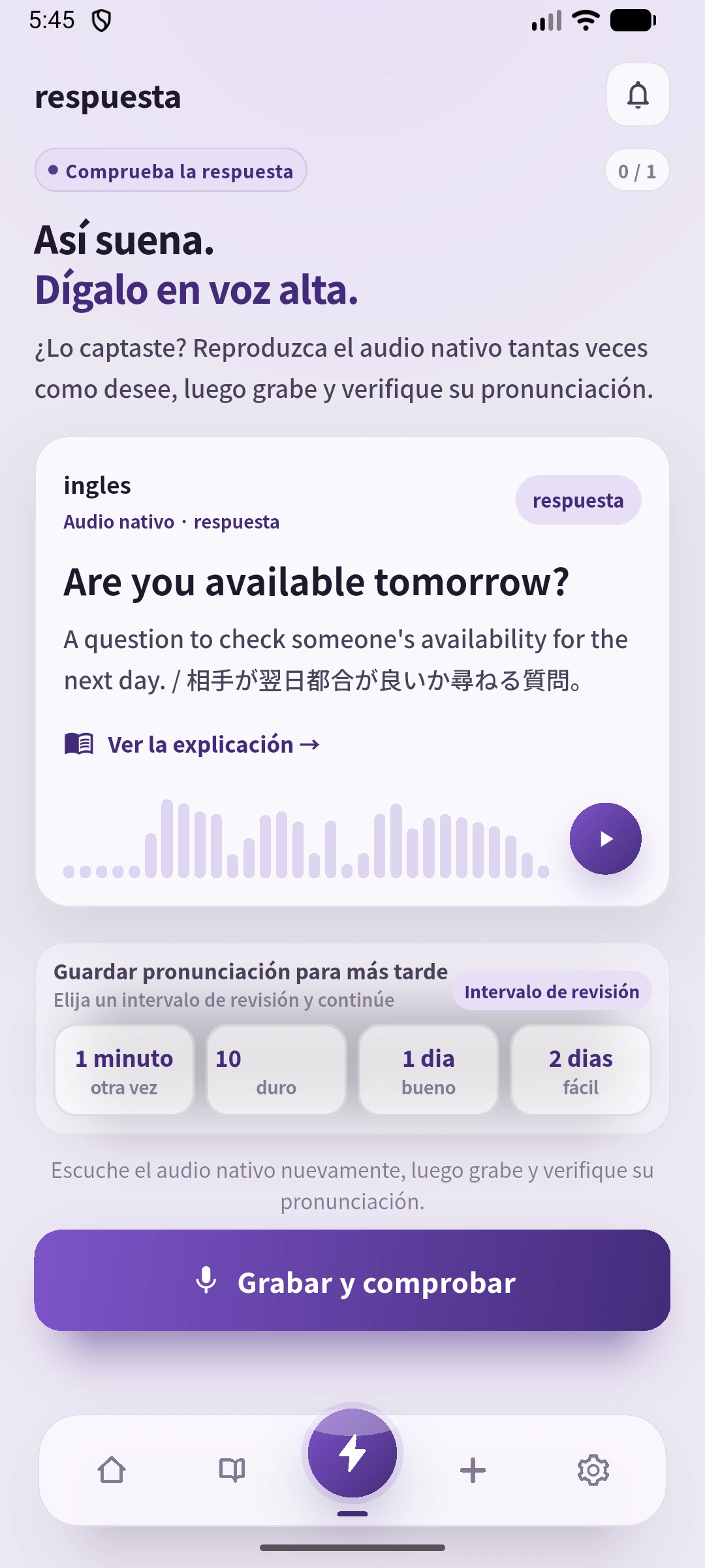 Respuesta SpeakGain con frase inglesa, audio, intervalos y entrada de grabación