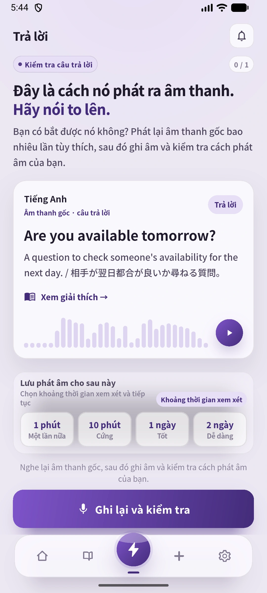 Đáp án SpeakGain có câu Anh, phát âm thanh, khoảng ôn và lối ghi âm