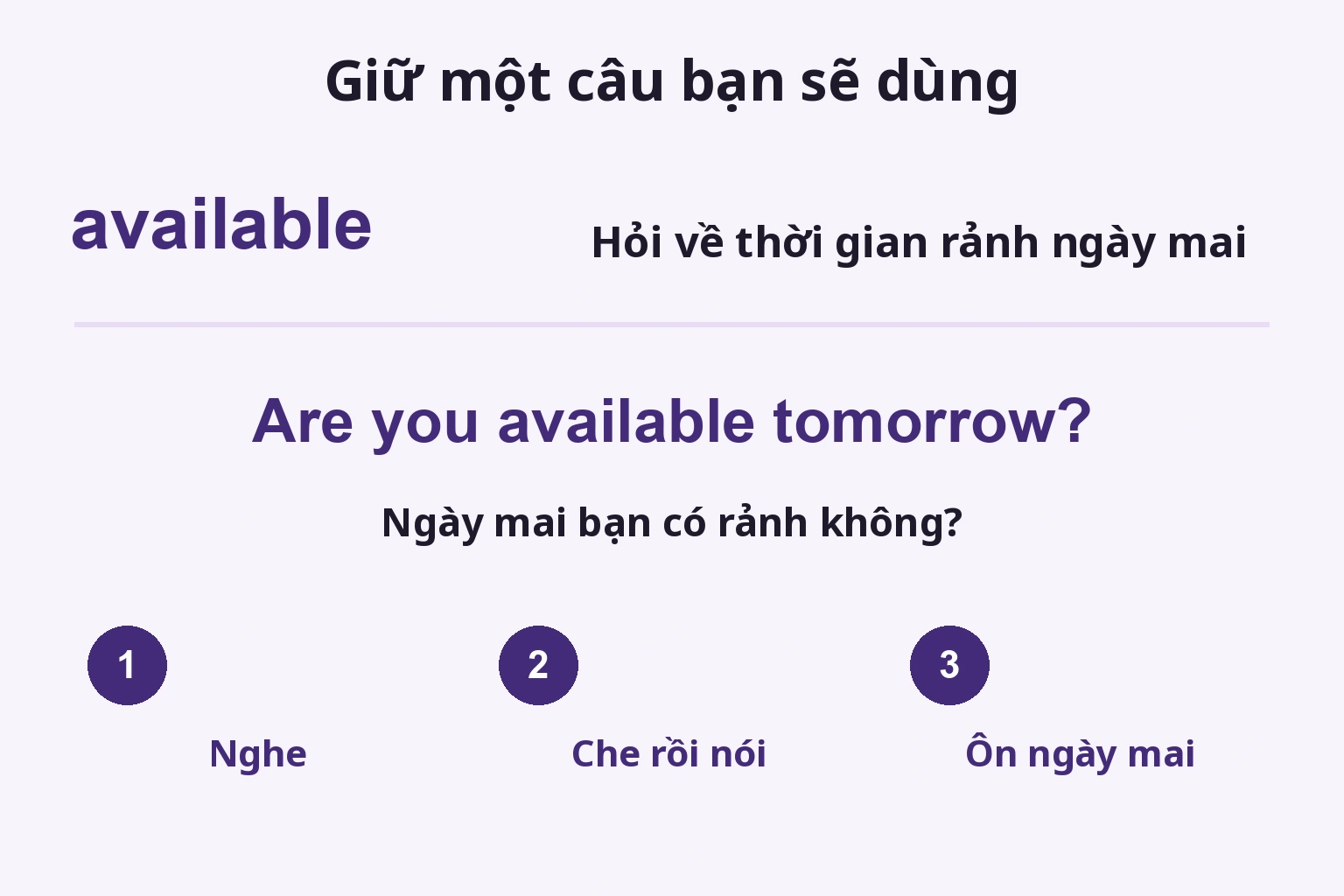 Đưa available vào câu hỏi, nghe, che và nói, rồi ôn ngày mai
