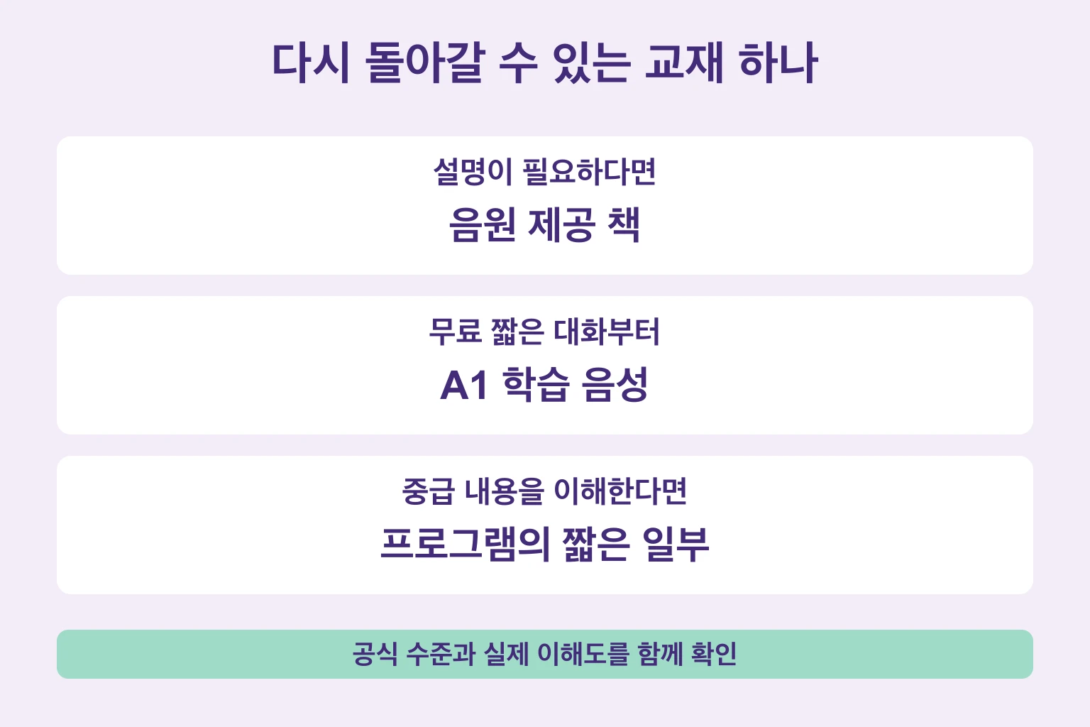 설명이 필요하면 음원 제공 책, 무료 대화는 A1 음성, 내용을 이해하는 중급자는 프로그램의 일부를 선택하는 그림