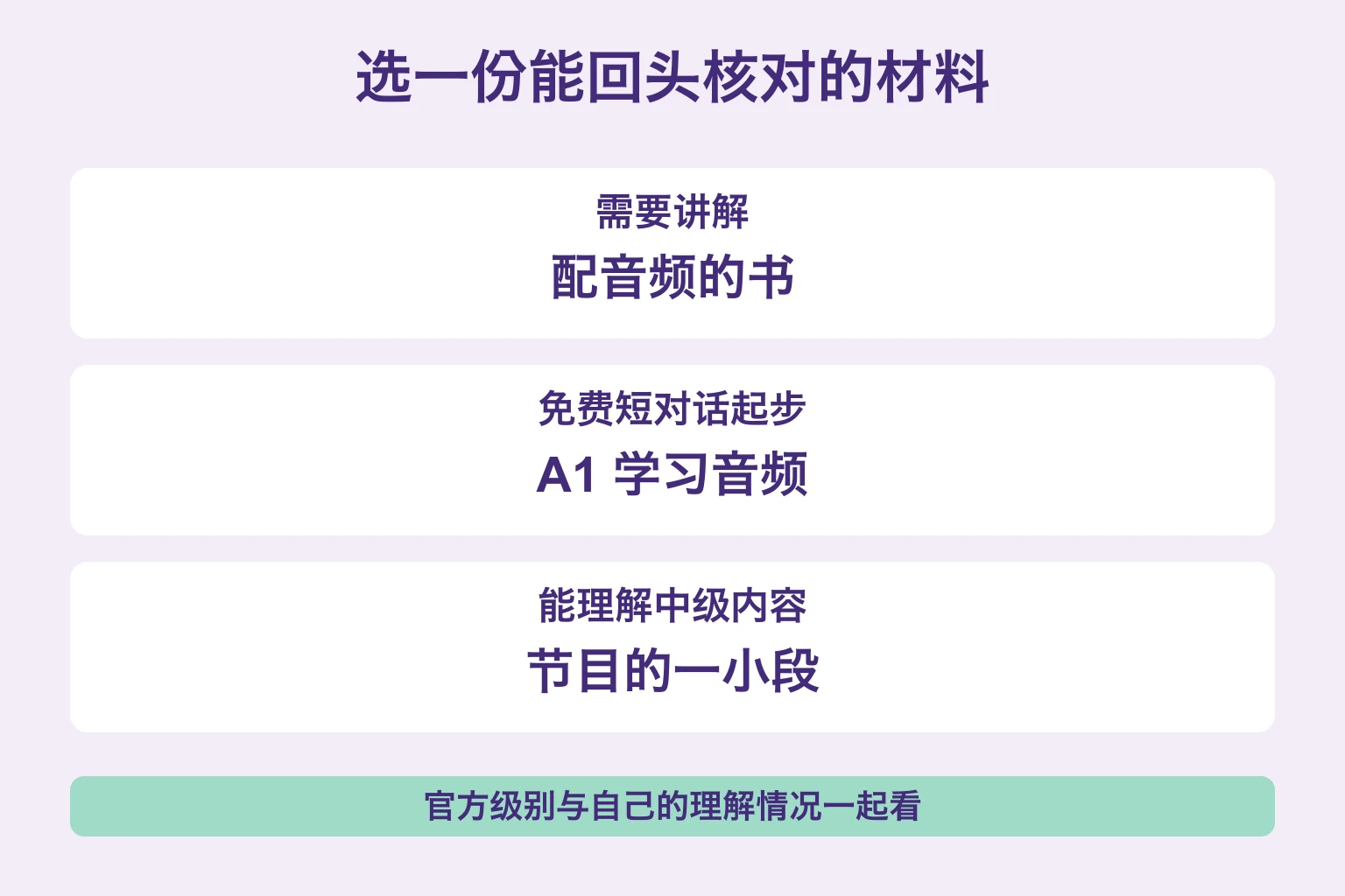 需要讲解选配音频的书，免费短对话选A1，能理解内容的中级者选节目片段