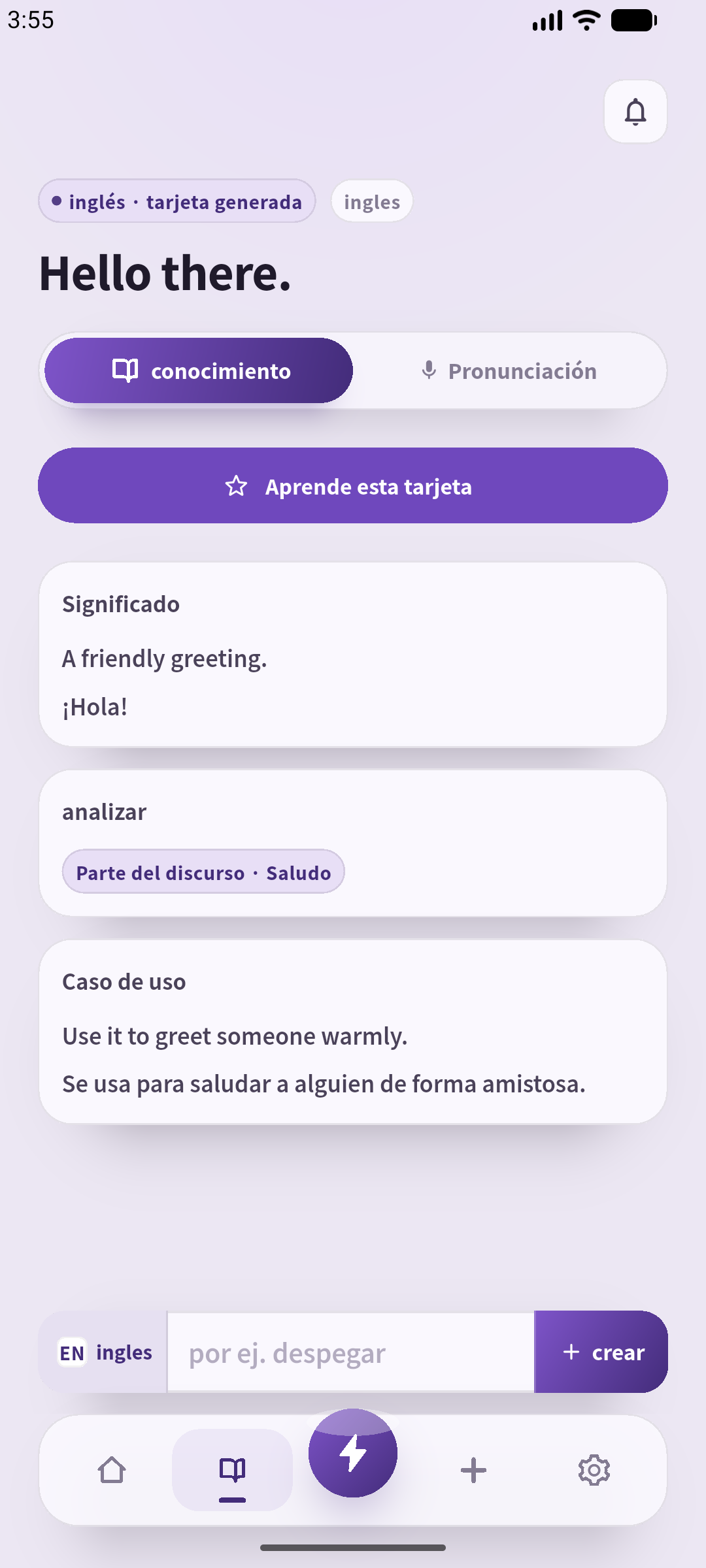 Pantalla real de una tarjeta de SpeakGain en español, en Android, con la frase de ejemplo Hello there., introducida para este artículo.