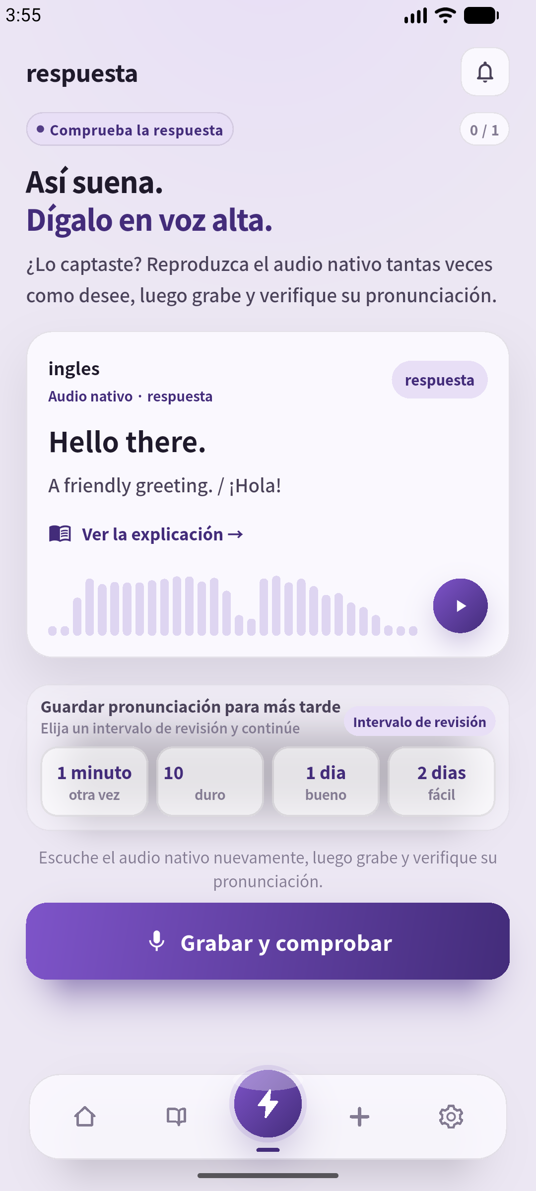 Pantalla real de respuesta de SpeakGain en español, con reproducción y grabación. La captura utiliza una frase de ejemplo introducida para este artículo y una voz de demostración generada localmente.