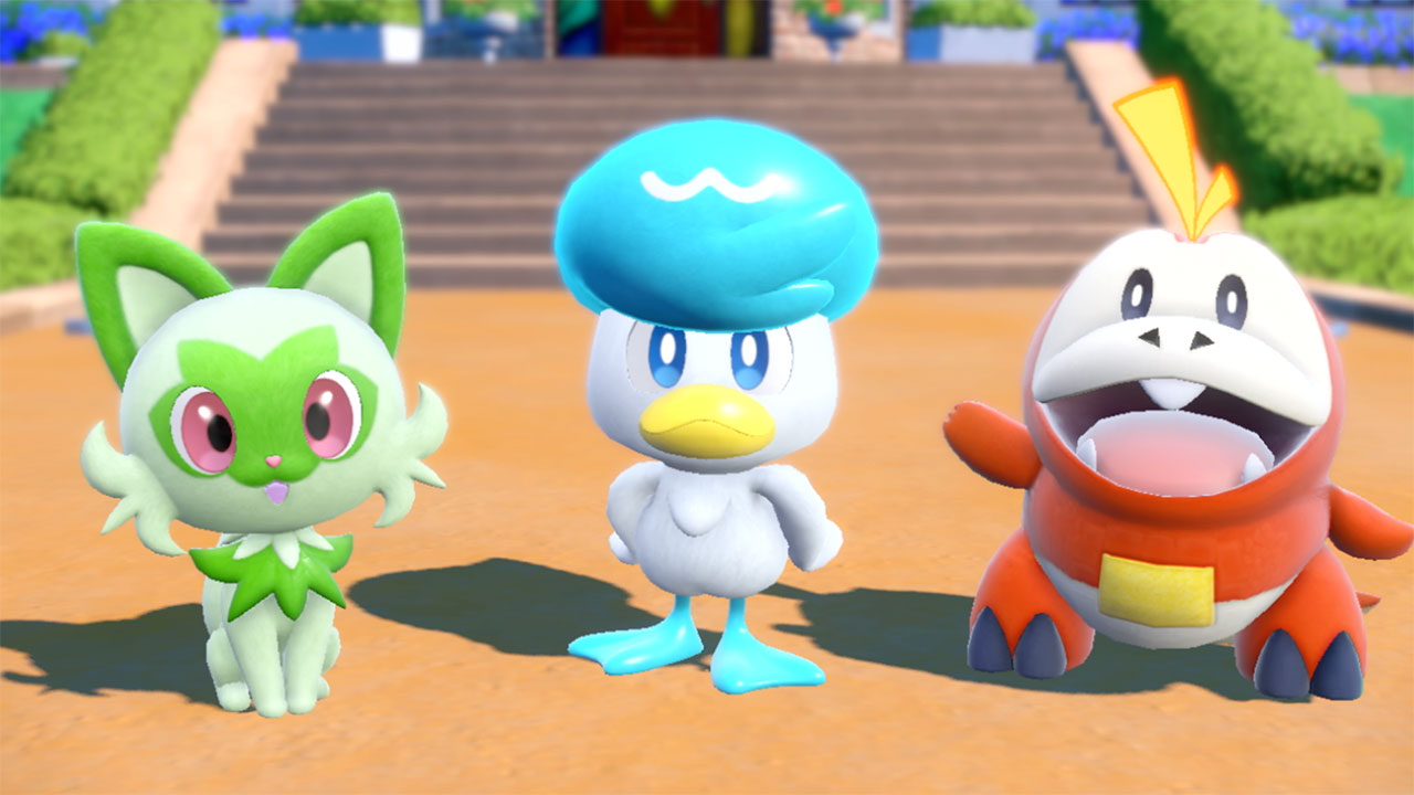 Imagen oficial de los tres primeros compañeros de Pokémon Escarlata, sin nombres ni diálogo en inglés